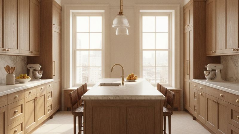 Editorial photograph of a bright pre-war style apartment kitchen with white oak chevron floors, stained oak cabinetry an