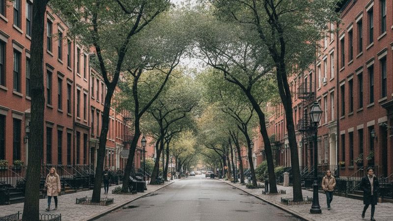 Editorial photograph of a West Village streetscape in Manhattan with low brick buildings, wide sidewalk and street trees