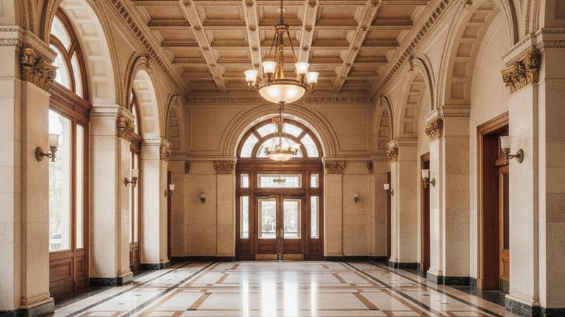 Editorial photograph of a prewar apartment lobby with a coffered ceiling, marble floor, classical columns and brass ligh