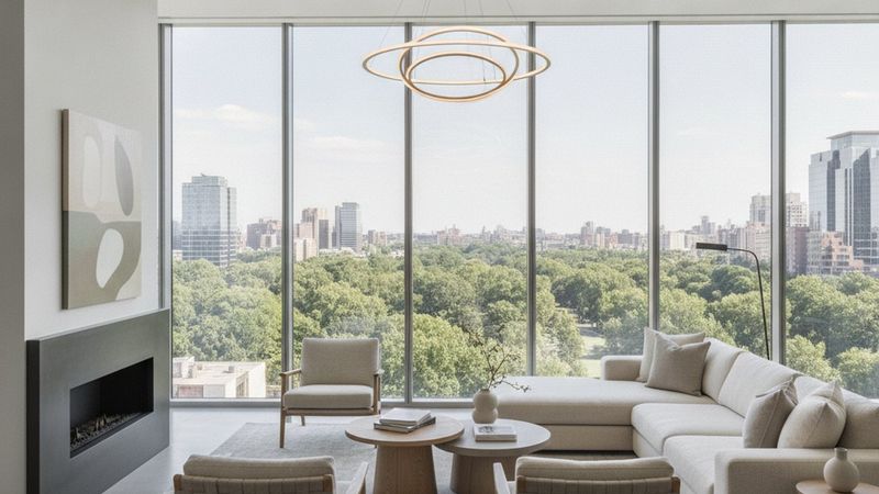 Bright contemporary living room with floor to ceiling windows overlooking a city park canopy, neutral furnishings, edito