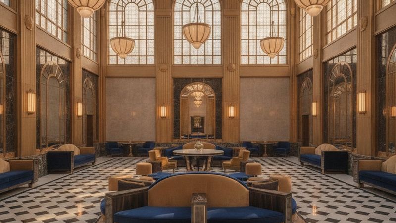 Editorial photograph of an elegant Art Deco style residential lobby with black and white marble floor, glass ceiling pen