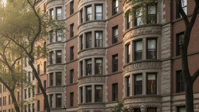 Editorial photograph of a classic Upper West Side limestone and brick facade detail with bay windows and carved stone, v