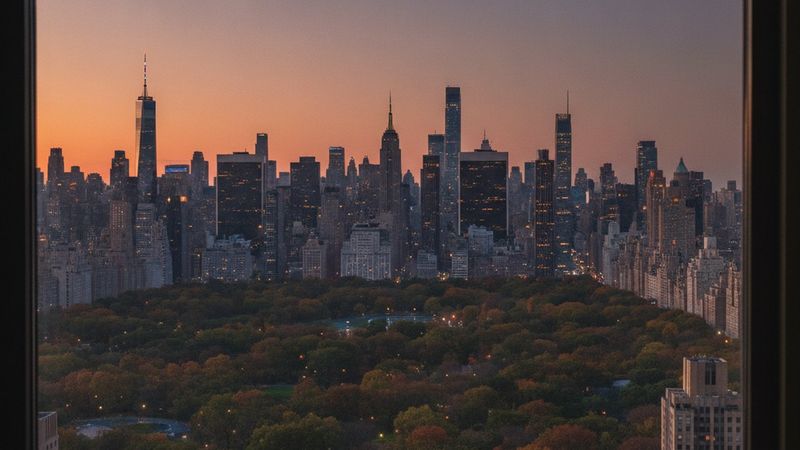 Editorial photograph of Central Park treetops and the Midtown skyline at dusk seen from a high apartment window, city li