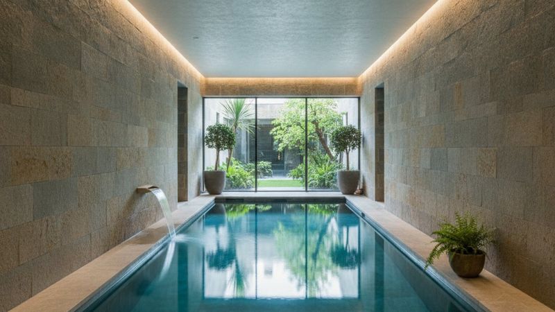 Luxury residential indoor lap pool with stone walls and soft concealed lighting, calm water, no people, editorial interi