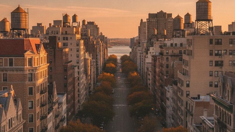Upper East Side residential avenue at golden hour seen from a high terrace, water towers and prewar rooftops, no signage