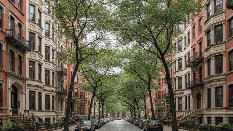 Editorial photograph of an Upper East Side residential cross street with pre-war masonry apartment houses and limestone