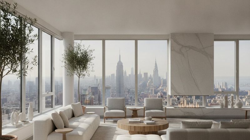 Editorial photograph of a spacious full-floor apartment living room with ten-foot ceilings, windows on several sides and