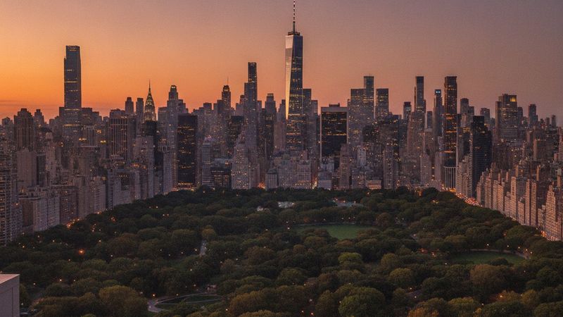 Editorial photograph of the Manhattan skyline at dusk seen across the treetops of Central Park from an Upper East Side t