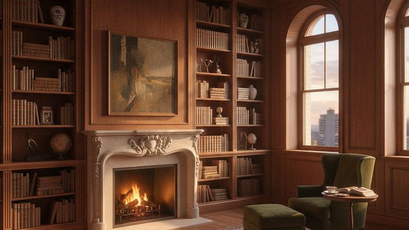 Editorial photograph of a wood-panelled private library in a luxury apartment with built-in bookshelves, a fireplace and
