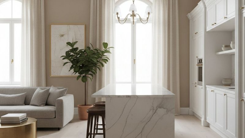 Elegant classical apartment interior with white oak floors, a tall arched window, marble kitchen island and custom millw