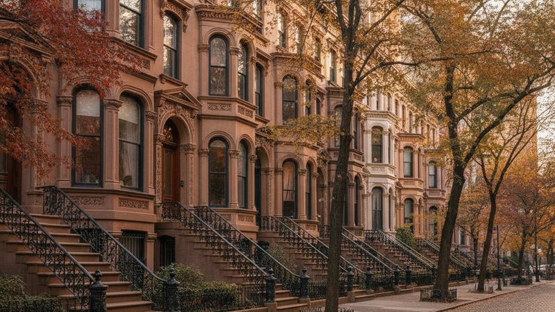 Editorial photograph of a row of late nineteenth-century Upper East Side townhouses with carved stone stoops and cornice