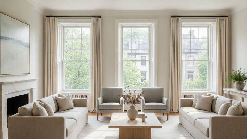 Editorial photograph of a bright, high-ceilinged living room with tall casement windows overlooking leafy Upper East Sid