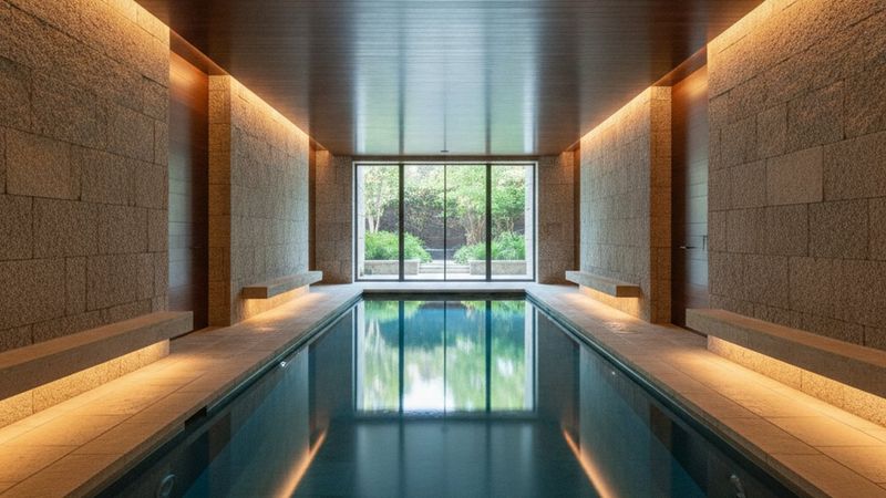 Editorial photograph of a long indoor lap pool in a luxury residential spa, stone and wood surfaces, soft indirect light