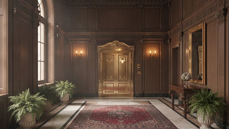 Editorial photograph of a pre-war residential lobby with marble floors, dark wood paneling and a brass elevator door, wa