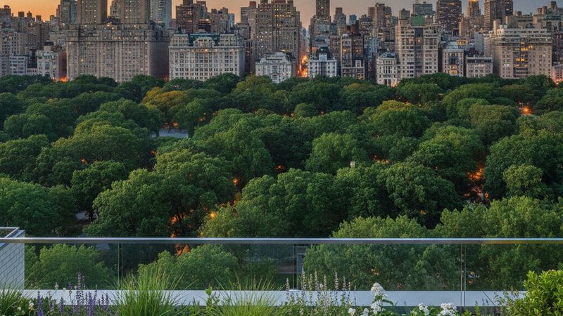 Editorial photograph of Central Park treetops and the Upper East Side skyline at dusk seen from a planted residential te