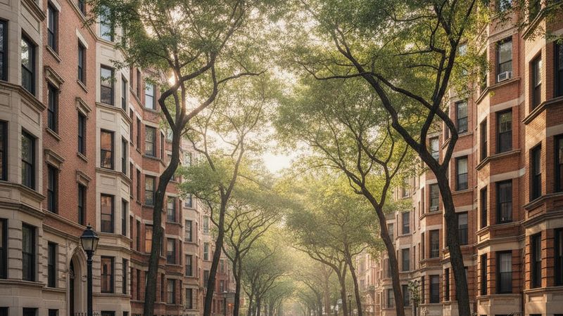 Upper West Side side street lined with prewar limestone and brick apartment buildings, mature trees, soft morning light,