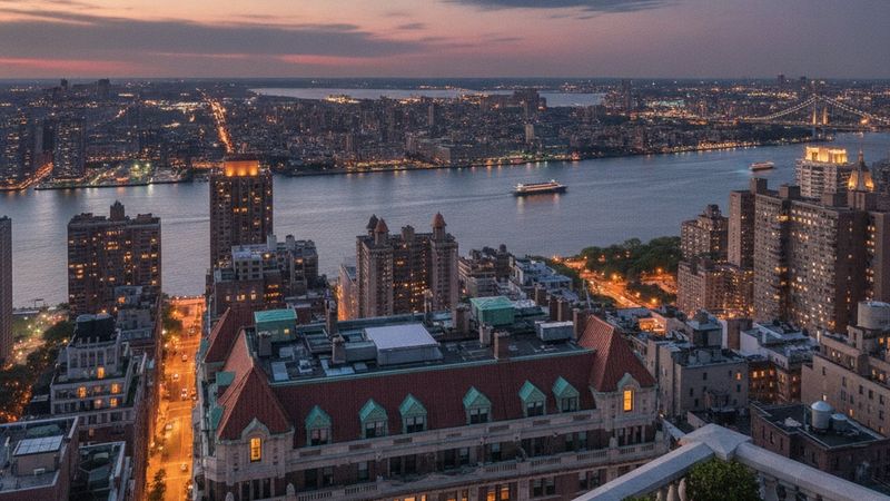 Editorial photograph of the Upper West Side skyline at dusk seen from a high terrace, prewar rooftops and the Hudson Riv