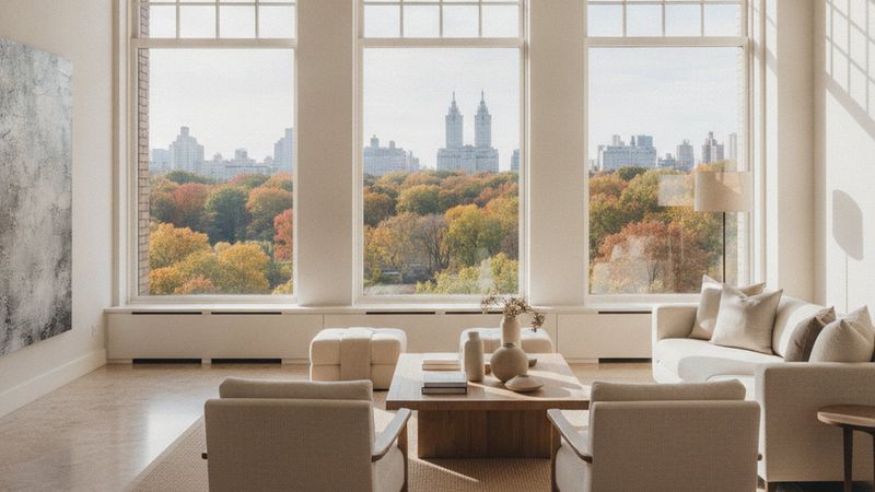 Editorial photograph of a bright living room with tall windows overlooking Central Park treetops in autumn, restrained n
