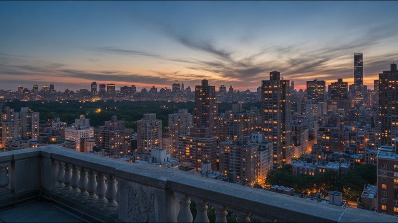 Upper East Side skyline at dusk seen from a high terrace with stone balustrade, warm lights in windows, Central Park tre