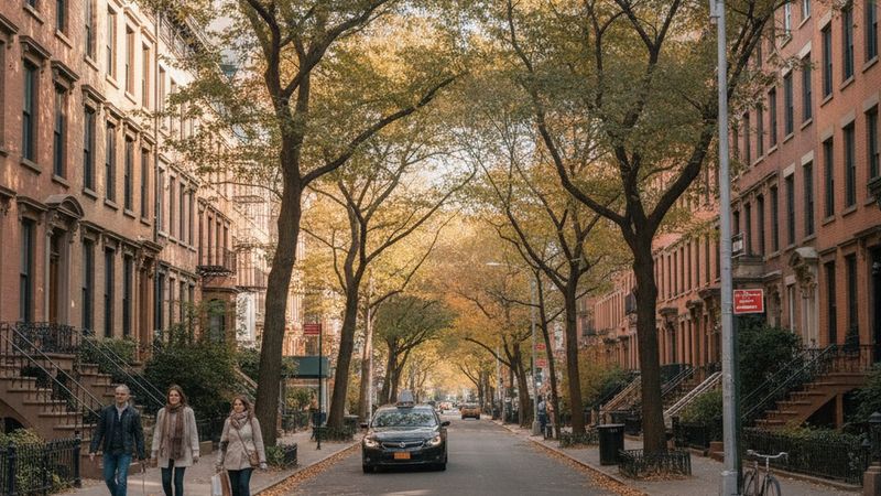 Quiet Upper East Side residential cross street with brownstones and street trees, people walking, early autumn, document