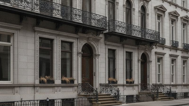 Editorial photograph of early twentieth-century limestone townhouses with carved stone window surrounds and wrought-iron