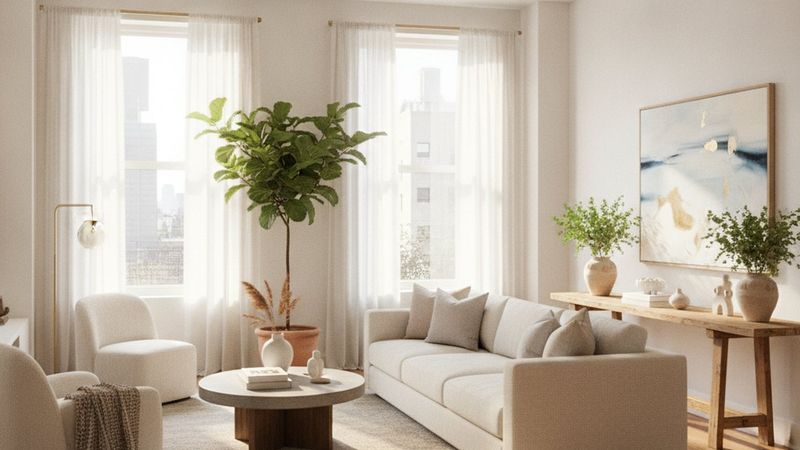 Editorial photograph of a bright, furnished living room with tall windows and wide plank oak floors in a New York apartm