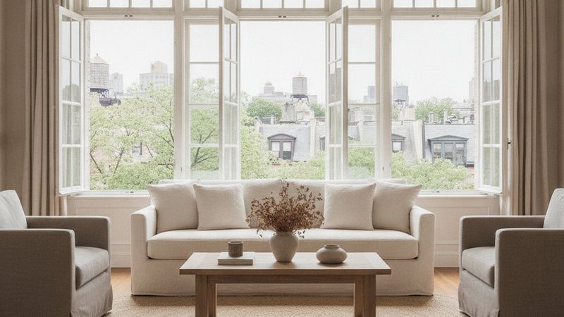 Editorial photograph of a quiet residential living room with tall casement windows overlooking leafy Upper East Side roo