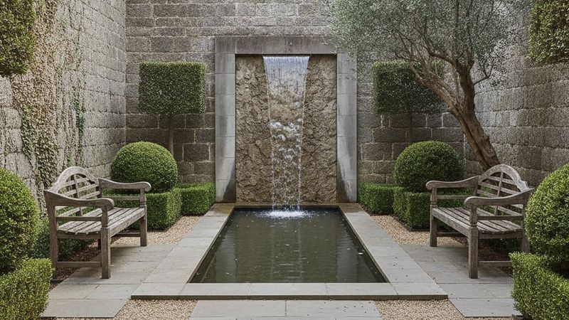 Editorial photograph of a calm private garden courtyard with a stone water wall, clipped trees and benches enclosed by m