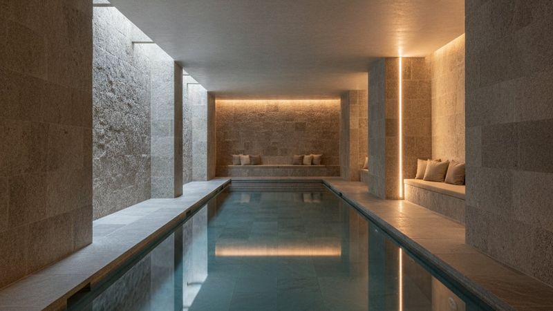 Editorial photograph of a long indoor lap pool in a luxury residential spa, stone surfaces and soft indirect lighting, n