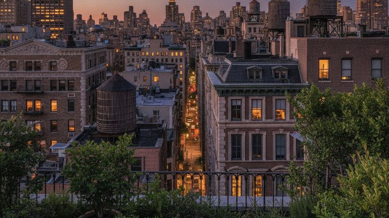 Editorial photograph of Upper East Side rooftops at dusk seen from a planted residential terrace, pre-war water towers a