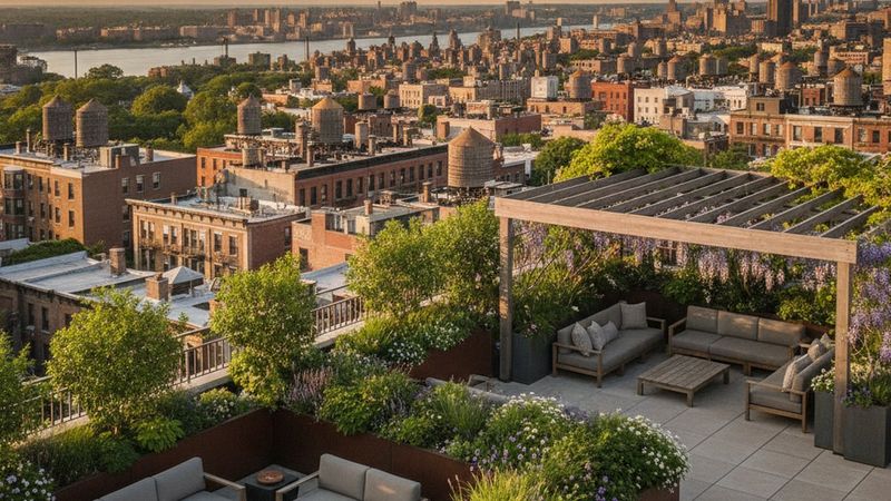 Editorial photograph of a residential rooftop terrace on the Upper West Side with planters, outdoor seating and a view o