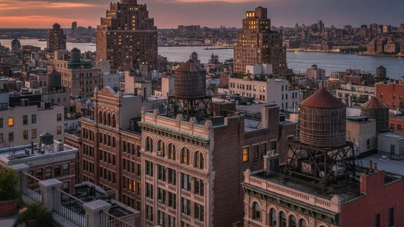 Editorial photograph of Lower Manhattan rooftops at dusk seen from a terrace, pre-war water towers and cornices, city li
