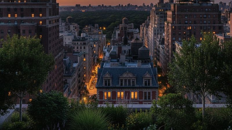 Editorial photograph of Upper East Side rooftops at dusk seen from a planted roof garden terrace, pre-war water towers a