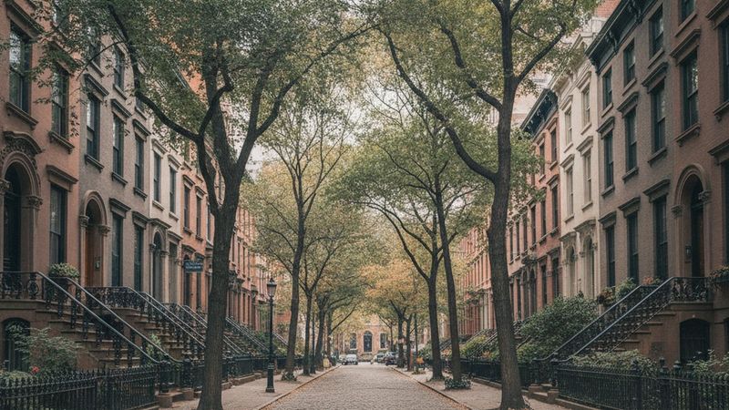 Editorial photograph of a quiet Lenox Hill side street on the Upper East Side with nineteenth-century townhouses, iron r