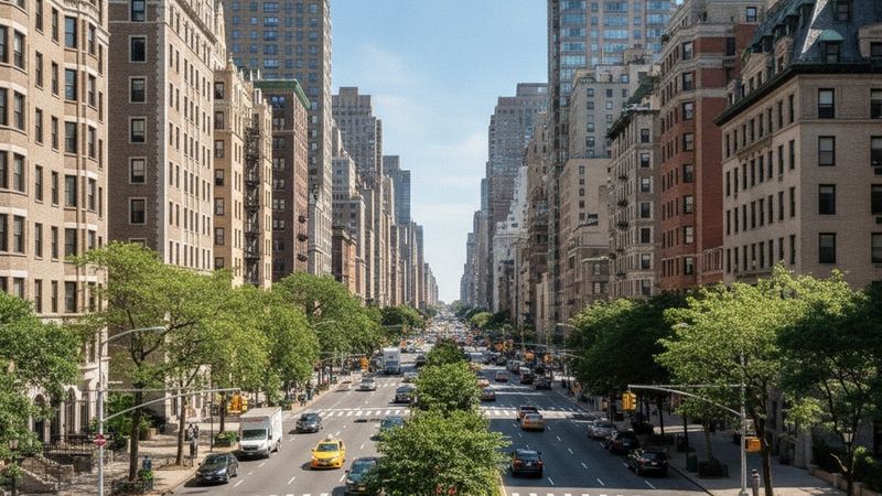 Editorial photograph of a generic Upper East Side avenue streetscape, apartment towers and pre-war buildings, wide avenu