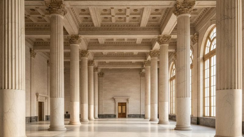 Editorial photograph of a grand pre-war banking hall interior with coffered ceiling, marble columns and tall arched wind