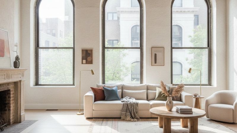 Editorial photograph of a bright loft-style living room with tall arched windows and white oak floors in a converted pre