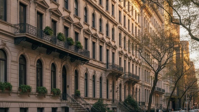 Wide editorial photograph of an Upper East Side avenue with classical limestone facades, arched windows and ironwork bal