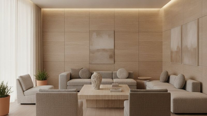 Editorial photograph of a serene residential lounge with honed limestone walls, low upholstered furniture in muted neutr