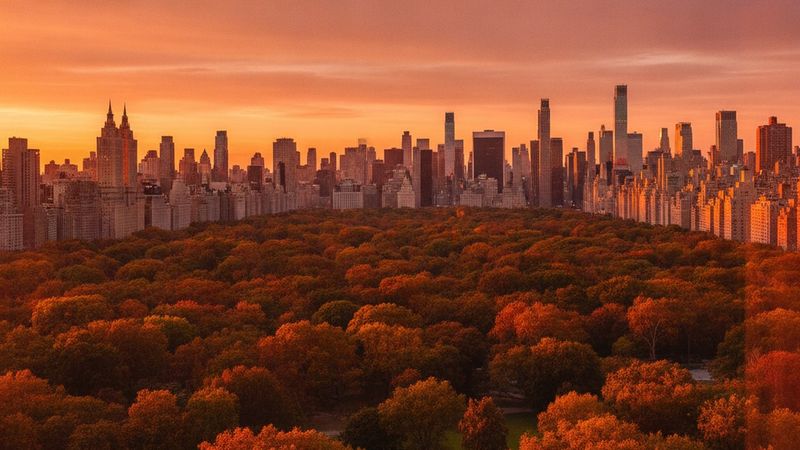 Central Park treetops at sunset seen from a high residential window, Manhattan skyline on the horizon, cinematic wide co