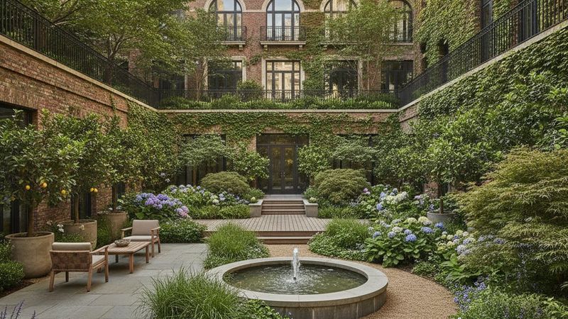 Editorial photograph of a landscaped residential courtyard garden in Manhattan with planted terraces stepping up behind