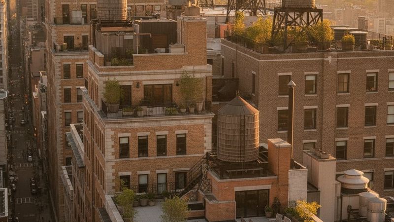 Editorial photograph of pre-war Manhattan rooftops with stepped setback terraces and water towers seen from above, warm