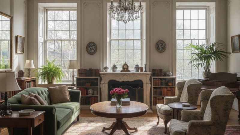 Editorial photograph of a prewar living room with tall windows, classical moldings, a decorative fireplace and refined t