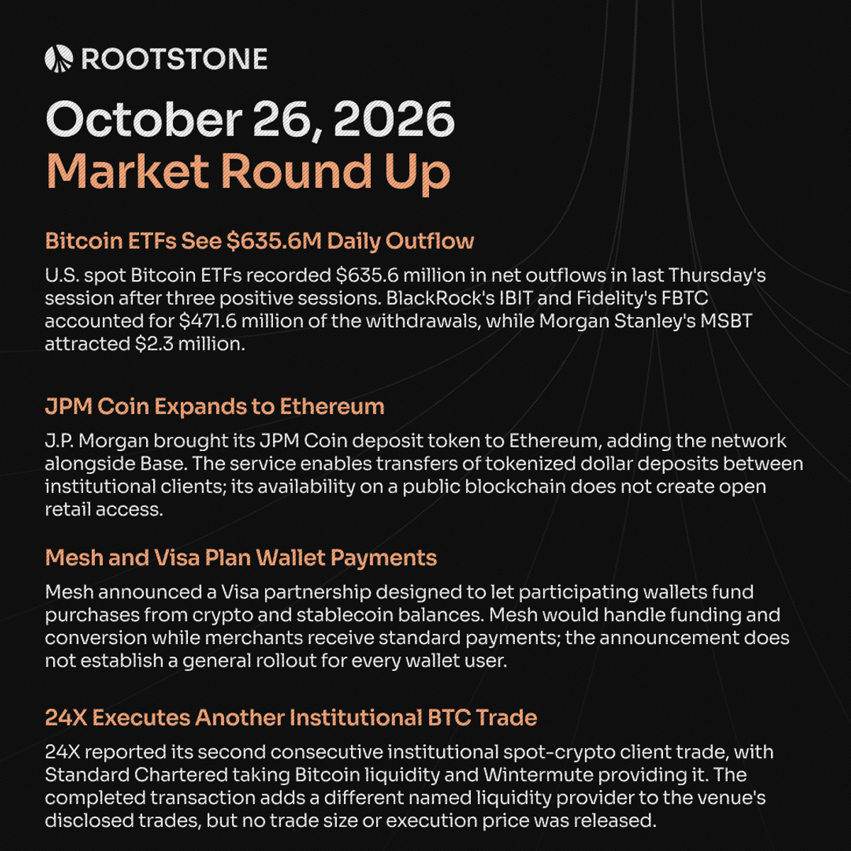 Rootstone news cards covering a Bitcoin ETF daily outflow, JPM Coin on Ethereum, the Mesh and Visa partnership, and an institutional Bitcoin trade on 24X.