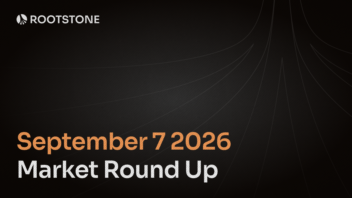 Rootstone branded graphic with the title 'Market Round Up' displayed on a dark background with abstract geometric lines.