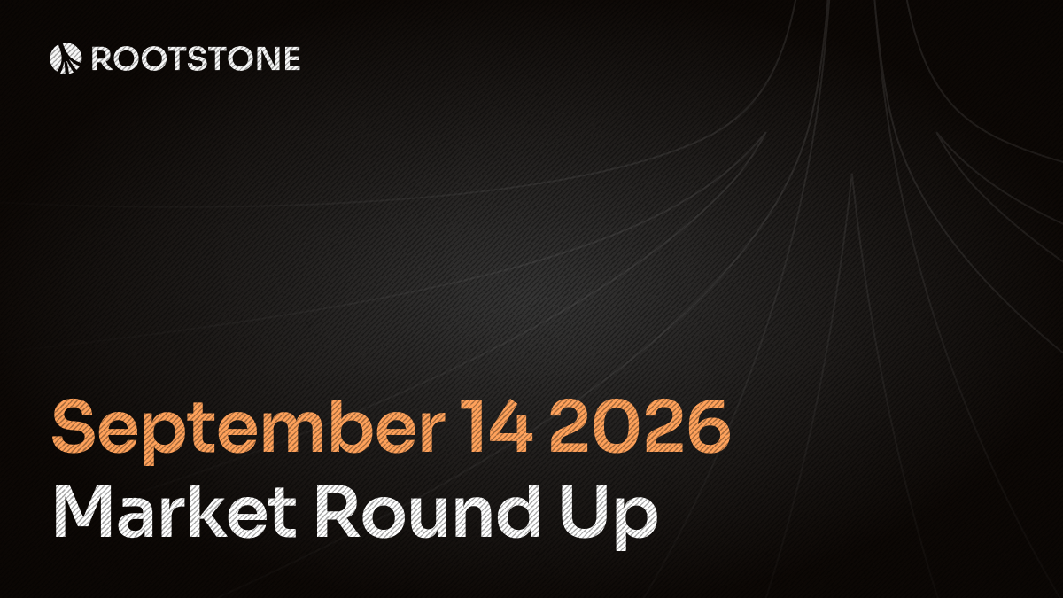 Rootstone branded graphic with the title 'Market Round Up' displayed on a dark background with abstract geometric lines.
