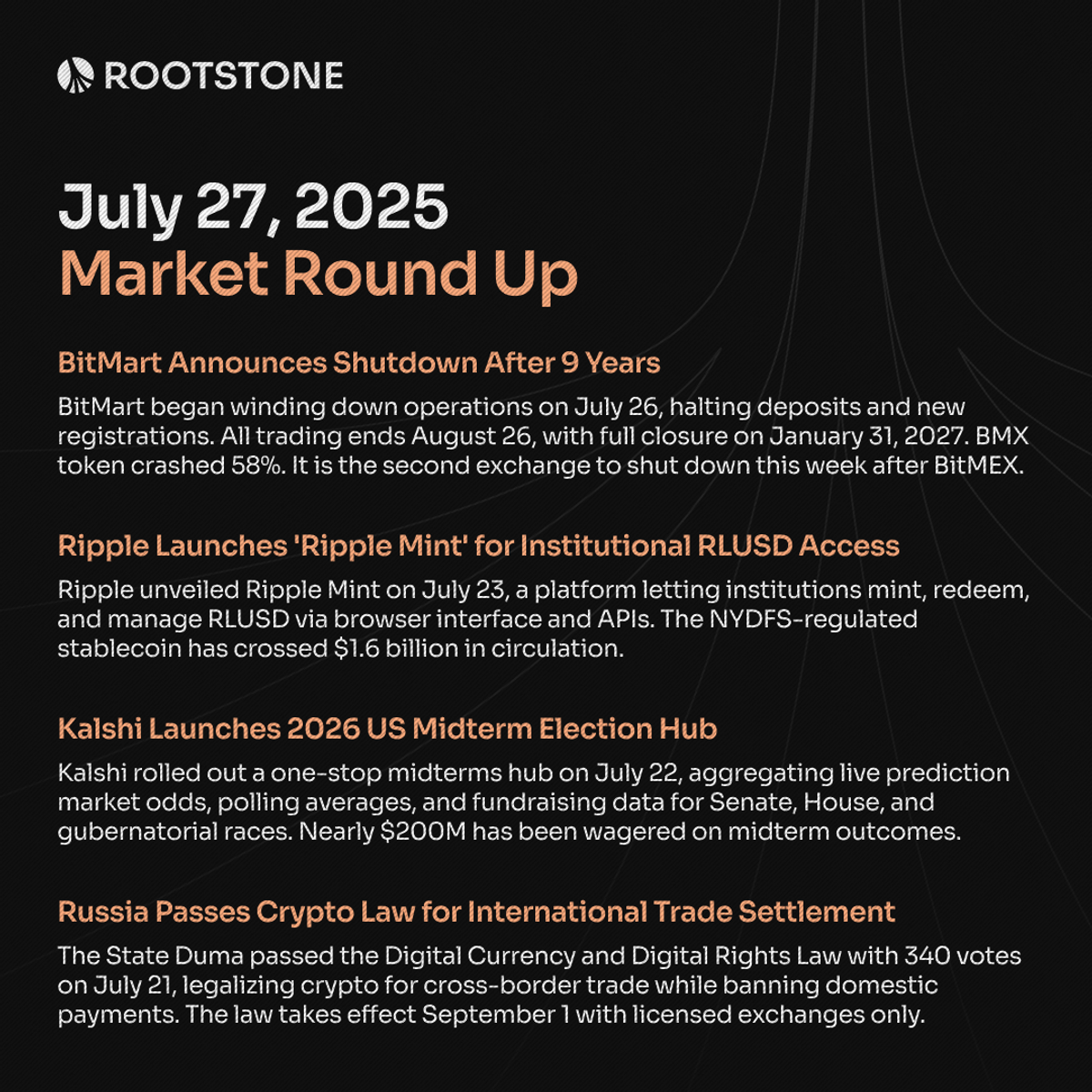 A four-card crypto market roundup for July 27 featuring BitMart's exchange shutdown, Ripple Mint's institutional RLUSD platform launch, Kalshi's 2026 midterm election prediction market hub, and Russia's State Duma crypto trade law