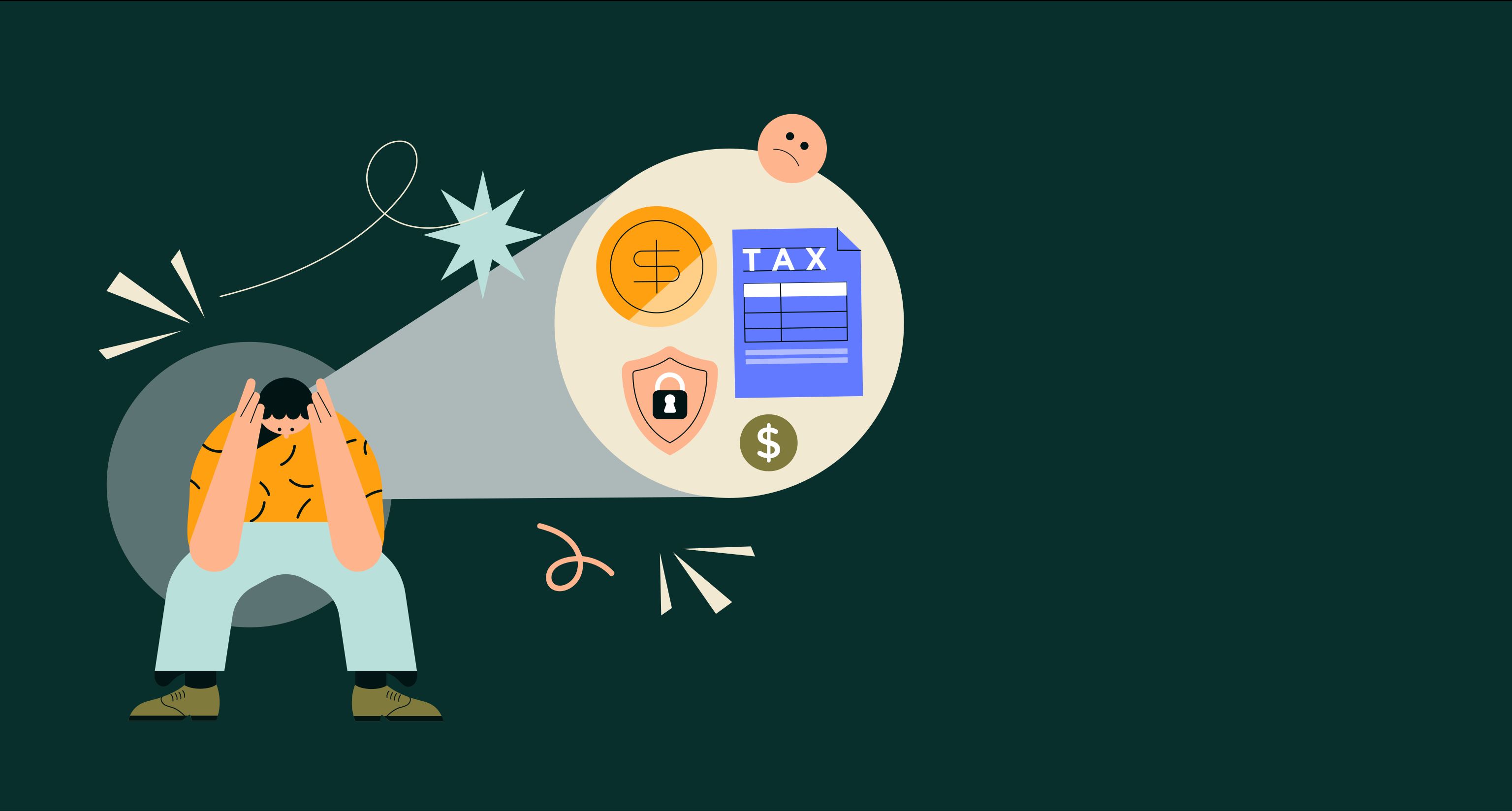 Blocky illustration of a woman with her head in her hands with a thought bubble coming out of her head with tax and financial documents in it