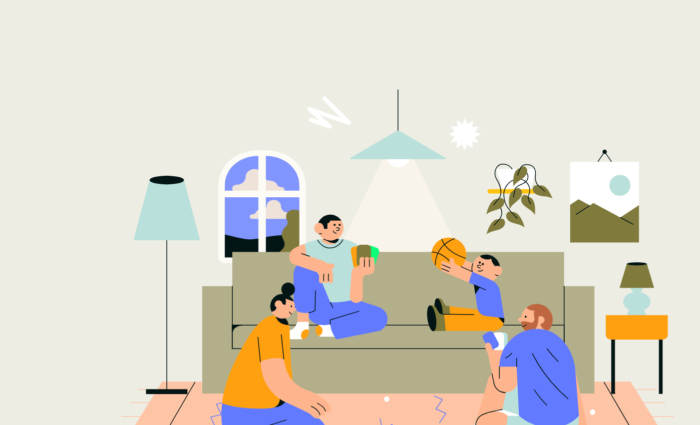 Illustration of a family in a living room. One person sits on a sofa holding a mug, while a child reaches for an orange basketball. Two other people sit on the floor nearby. The room includes a window, a hanging light, a floor lamp, a framed picture, and a potted plant.