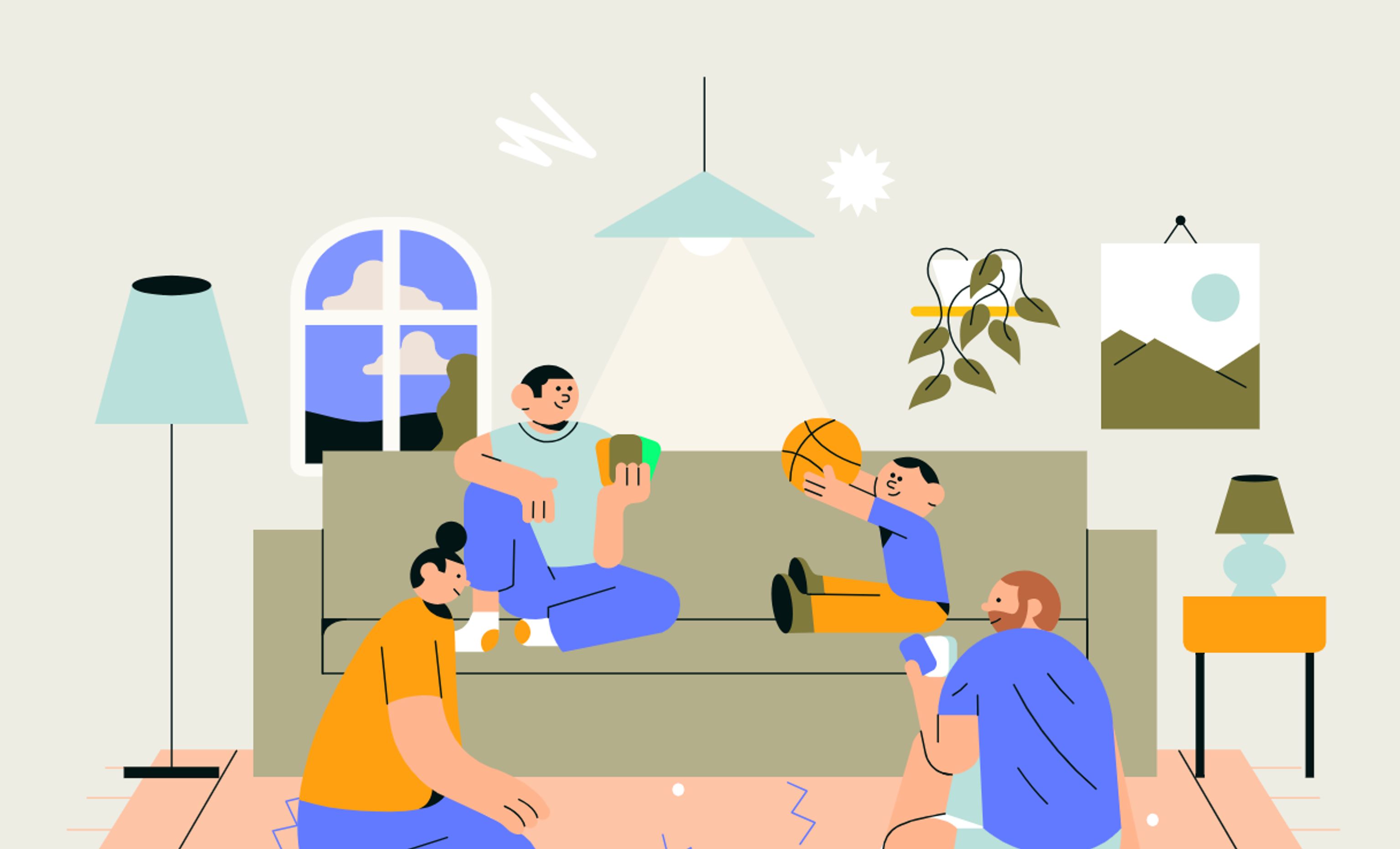 Illustration of a family in a living room. One person sits on a sofa holding a mug, while a child reaches for an orange basketball. Two other people sit on the floor nearby. The room includes a window, a hanging light, a floor lamp, a framed picture, and a potted plant.